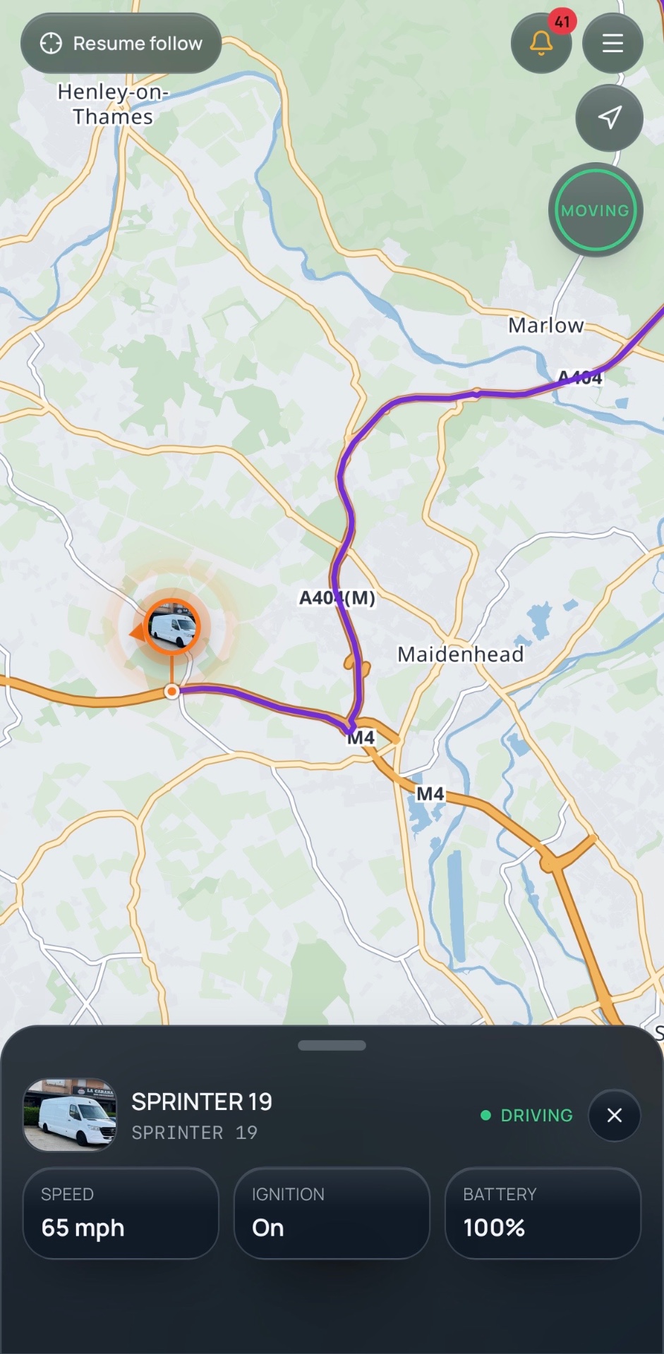 Vantis Guard live map: SPRINTER 19 driving near Maidenhead at 65 mph with its purple route