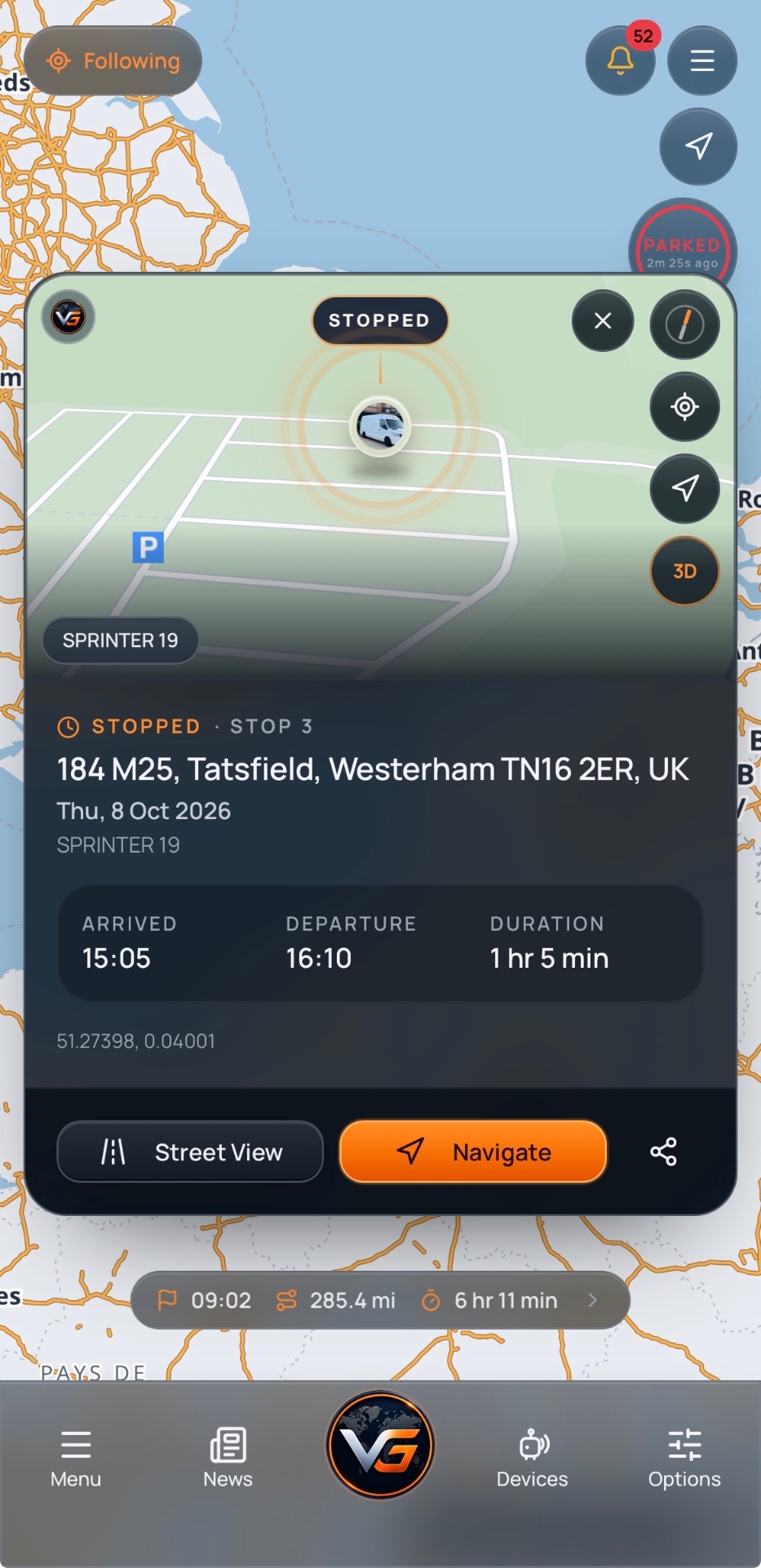 Vantis Guard 3D stop view near Westerham with arrival, departure, duration, Street View and Navigate