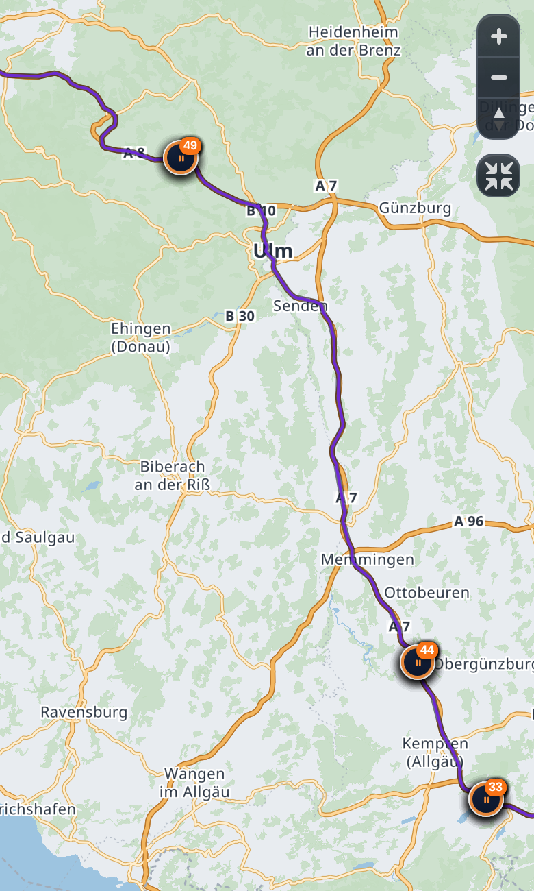 Vantis Guard mobile journey history: a real route through Germany with stops spread along the way