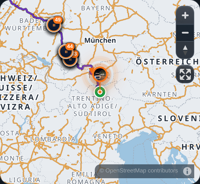 Vantis Guard journey history: a real route across Germany and Austria with multiple recorded stops