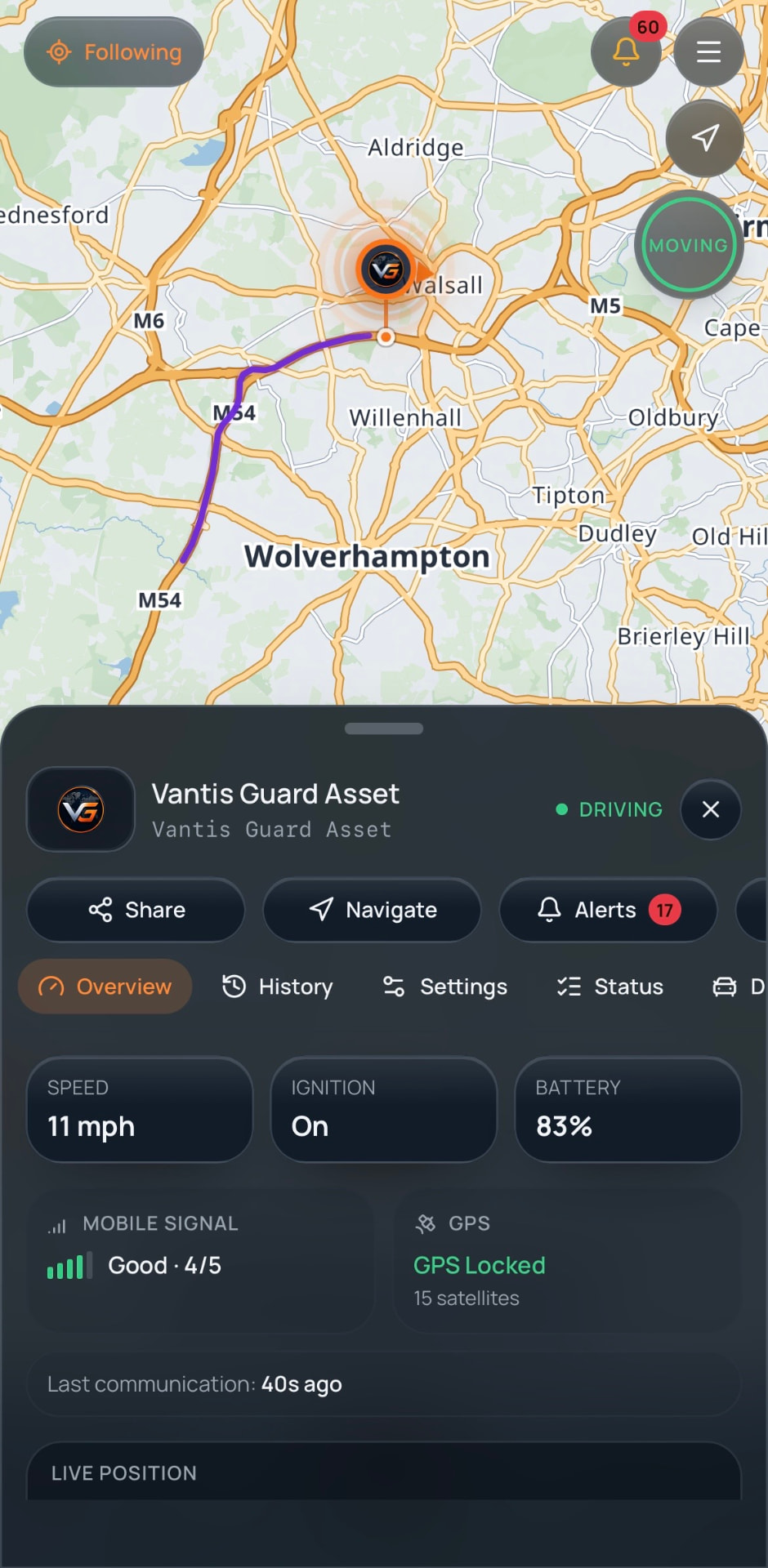 Vantis Guard vehicle overview with speed, ignition, battery, mobile signal and GPS